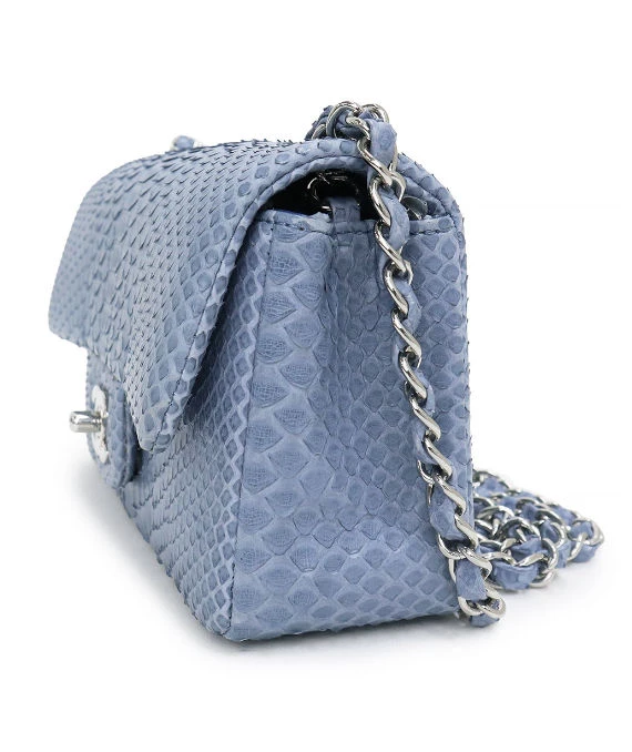 Chanel Matlasse Chain Shoulder Bag Python Exotic Blue Leather with Silver Hardware