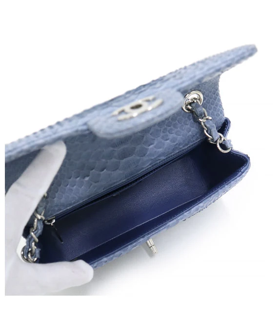 Chanel Matlasse Chain Shoulder Bag Python Exotic Blue Leather with Silver Hardware