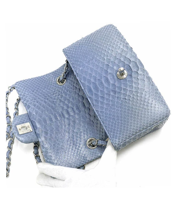 Chanel Matlasse Chain Shoulder Bag Python Exotic Blue Leather with Silver Hardware