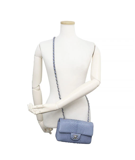 Chanel Matlasse Chain Shoulder Bag Python Exotic Blue Leather with Silver Hardware