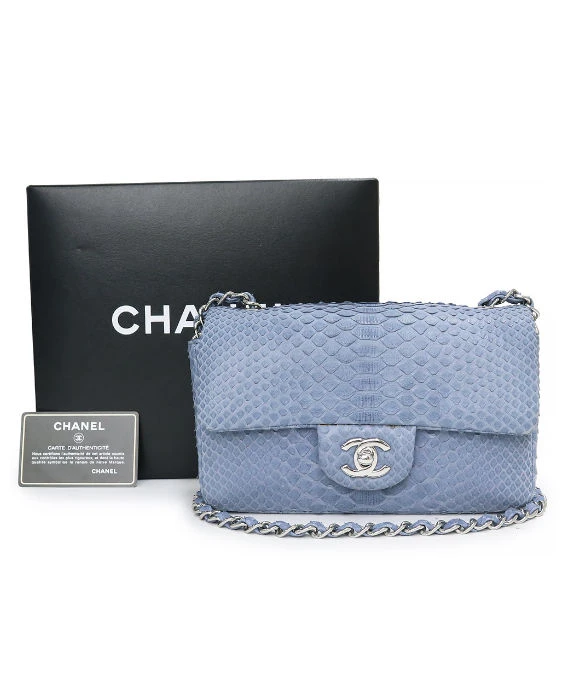 Chanel Matlasse Chain Shoulder Bag Python Exotic Blue Leather with Silver Hardware