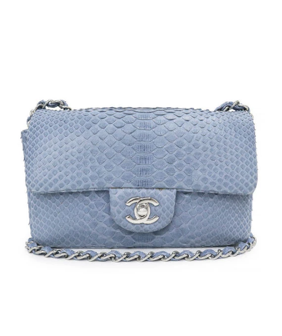 Chanel Matlasse Chain Shoulder Bag Python Exotic Blue Leather with Silver Hardware