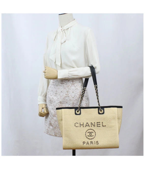 Chanel Deauville Beige Canvas Tote Bag in MM size with Gold Hardware