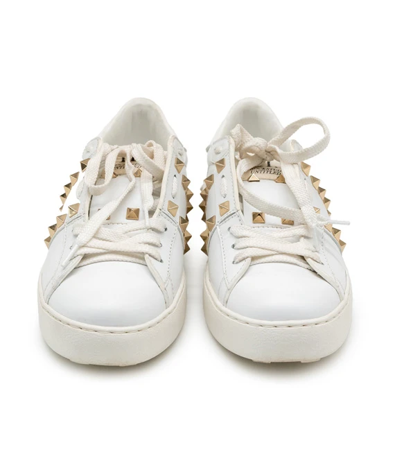 Valentino Size 37 White Leather Rockstud Lace Up Sneakers