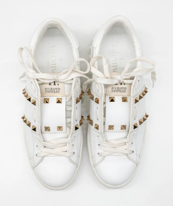 Valentino Size 37 White Leather Rockstud Lace Up Sneakers