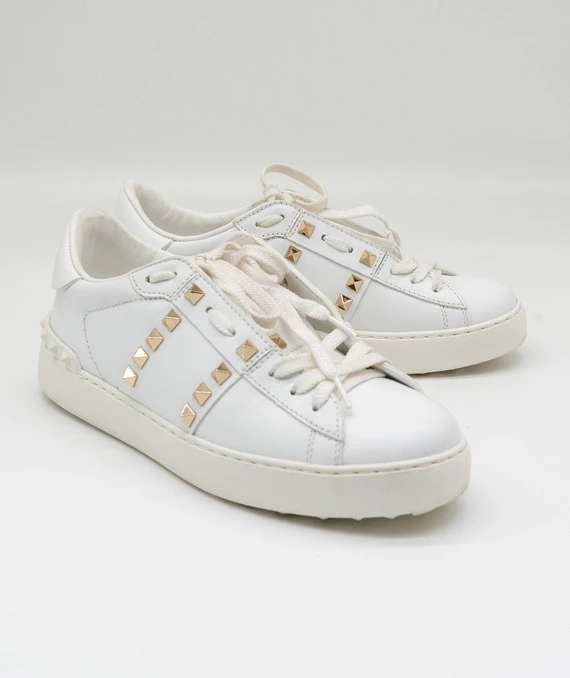 Valentino Size 37 White Leather Rockstud Lace Up Sneakers