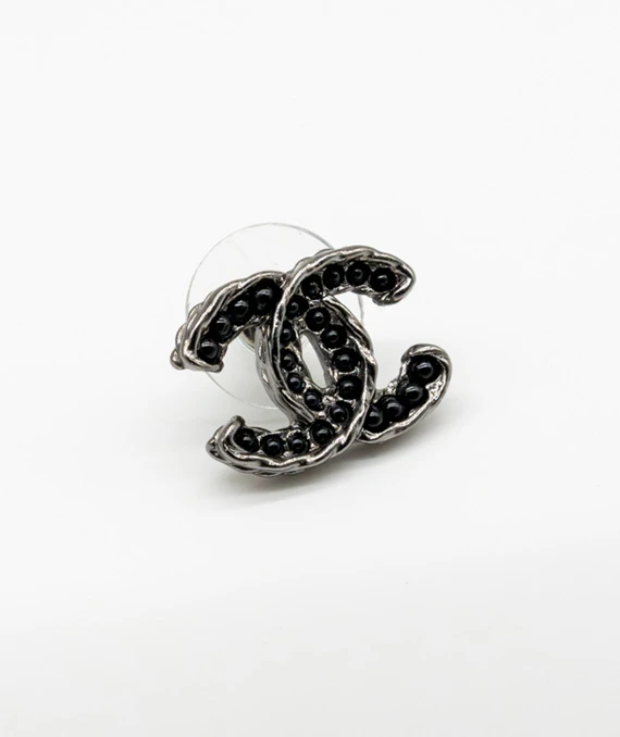 Chanel Black Pearl CC Earrings Silver Black