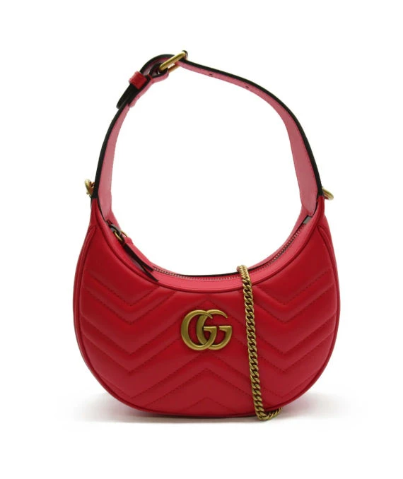 Gucci Red Matelassé Leather Mini GG Marmont Half Moon Shoulder Bag