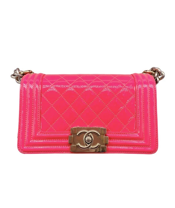 Chanel Neon Pink Small Boy Bag in Patent Leather with Gold Hardware