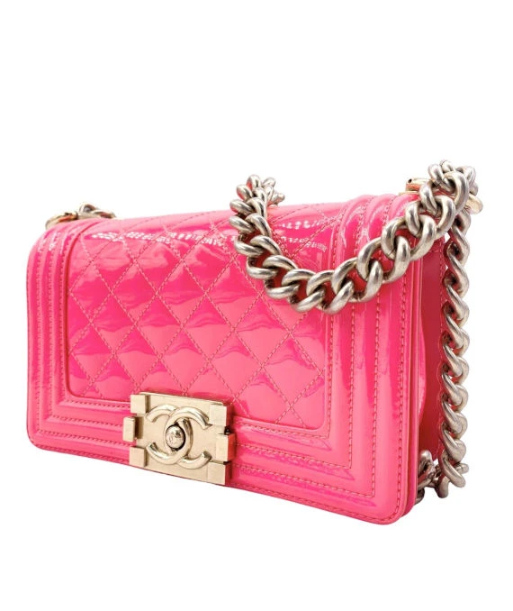 Chanel Neon Pink Small Boy Bag in Patent Leather with Gold Hardware