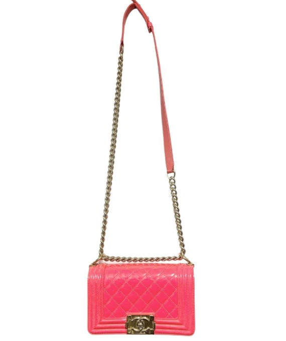 Chanel Neon Pink Small Boy Bag in Patent Leather with Gold Hardware