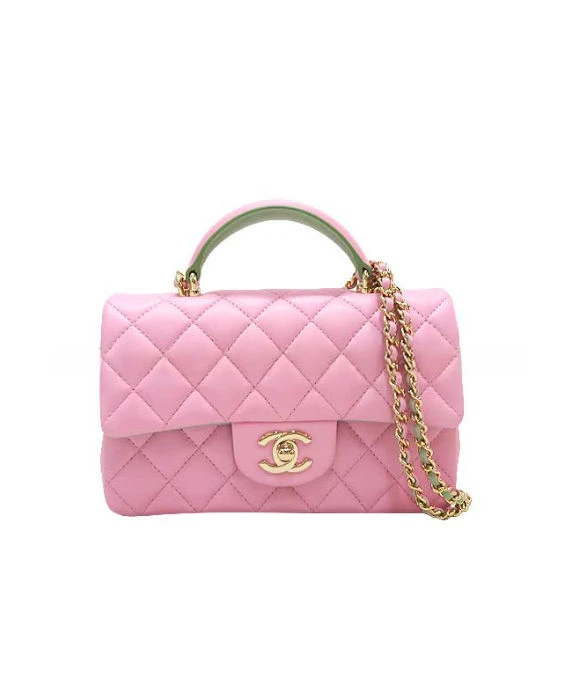 Chanel Lambskin Quilted Mini Top Handle Rectangular Flap Lilac Light Green and Pink with Gold Hardware