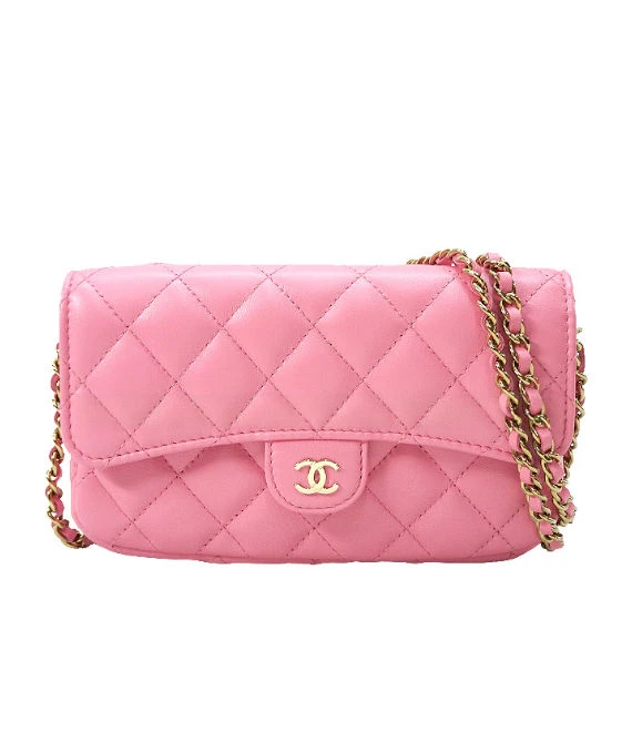 Chanel Lambskin Quilted Flap Clutch with Pink Chain