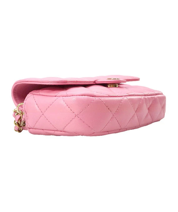 Chanel Lambskin Quilted Flap Clutch with Pink Chain