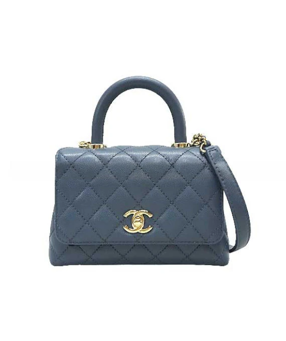 Chanel Ash Blue Quilted Caviar Leather Coco Top Handle Bag with Gold Hardware