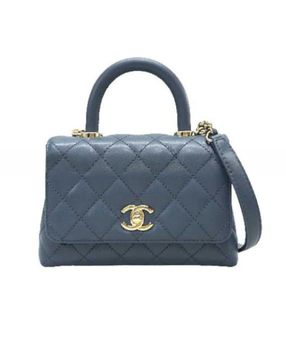 Chanel Ash Blue Quilted Caviar Leather Coco Top Handle Bag with Gold Hardware