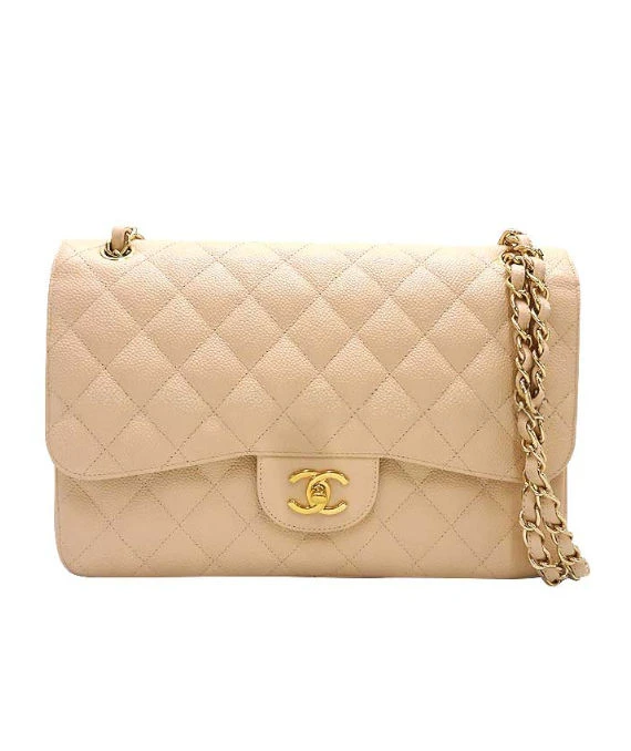 Chanel Beige Double Flap Classic Caviar Leather Handbag with Gold Hardware