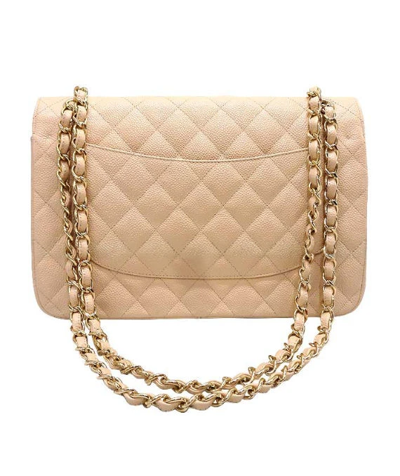 Chanel Beige Double Flap Classic Caviar Leather Handbag with Gold Hardware