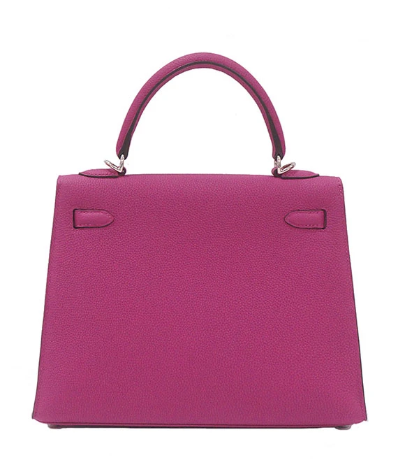 Hermes Kelly Size 25 Rose Purple Handbag in Togo Leather with Outside Stitching and Palladium hardware
