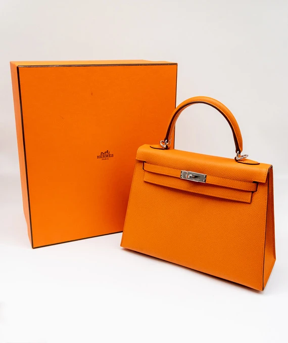 Hermes Kelly (Stamp B) Size 25 Orange Epsom Leather Handbag with Palladium Hardware