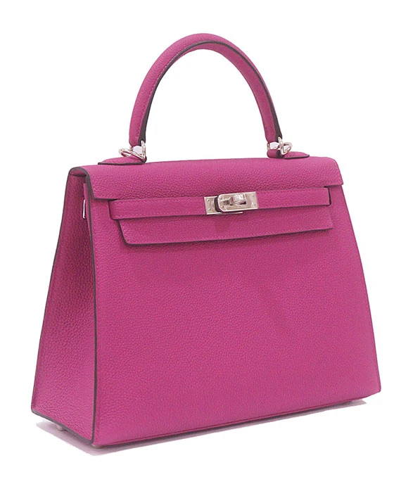 Hermes Kelly Size 25 Rose Purple Handbag in Togo Leather with Outside Stitching and Palladium hardware