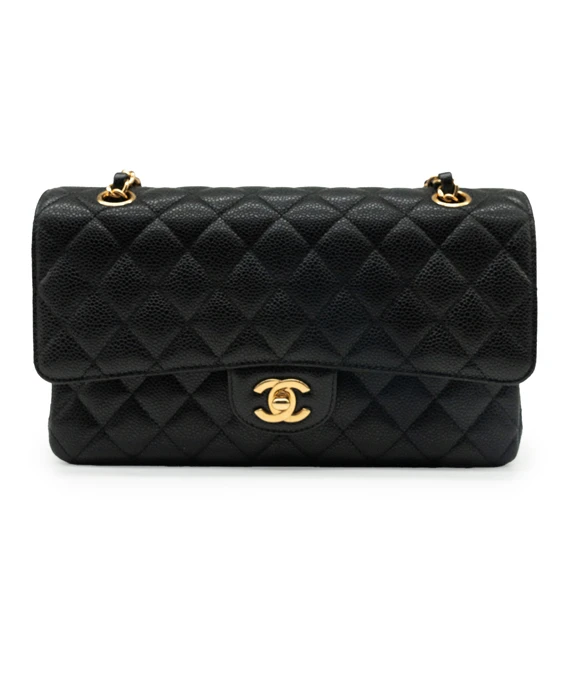 Chanel Size 25 Medium Classic Double Flap Black Caviar Leather Handbag with Gold Hardware