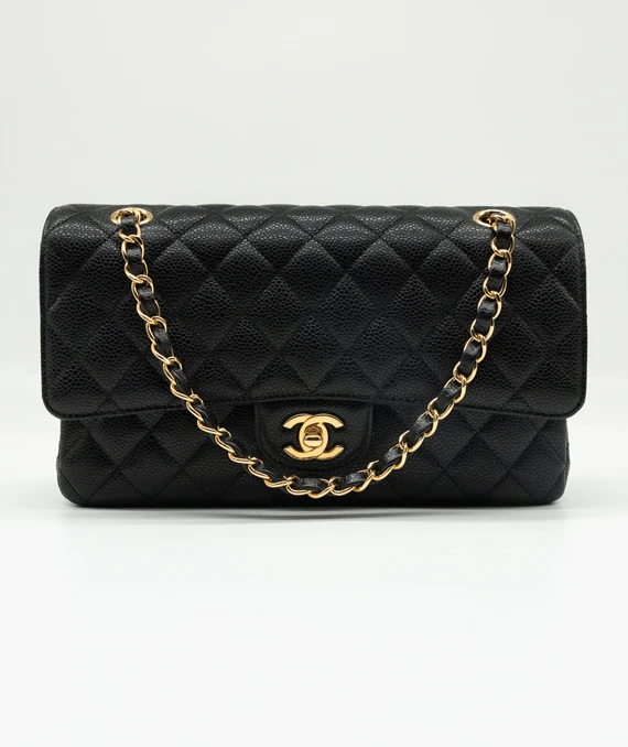 Chanel Size 25 Medium Classic Double Flap Black Caviar Leather Handbag with Gold Hardware