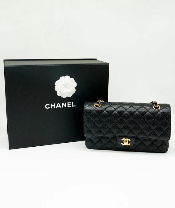 Chanel Size 25 Medium Classic Double Flap Black Caviar Leather Handbag with Gold Hardware