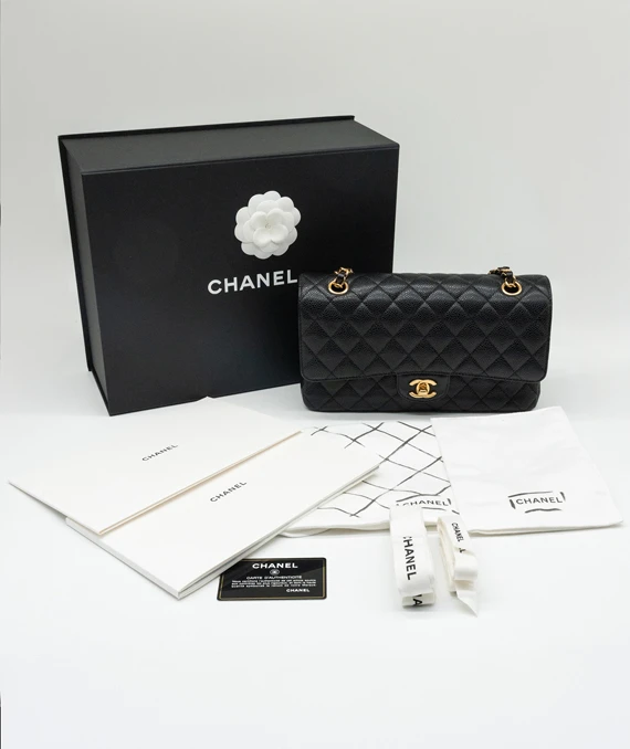 Chanel Size 25 Medium Classic Double Flap Black Caviar Leather Handbag with Gold Hardware