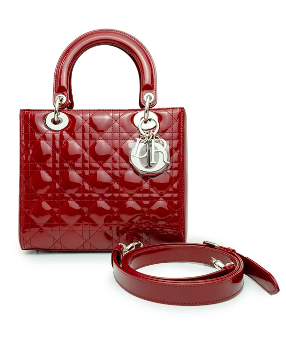Christian Dior Cherry Red Color Cannage Patent Leather Medium Lady Dior Satchel Bag