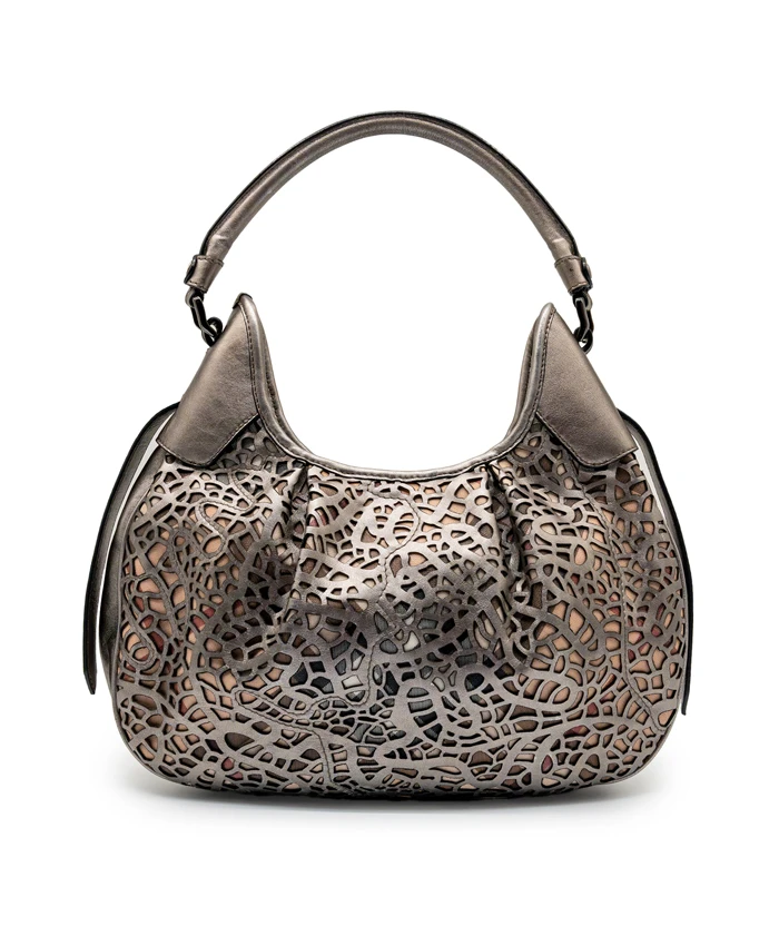 Burberry Metallic Nickel Lasercut Leather and Super Nova Check Coated Canvas Brooklyn Hobo