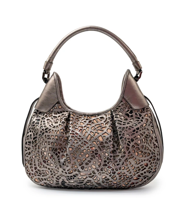 Burberry Metallic Nickel Lasercut Leather and Super Nova Check Coated Canvas Brooklyn Hobo