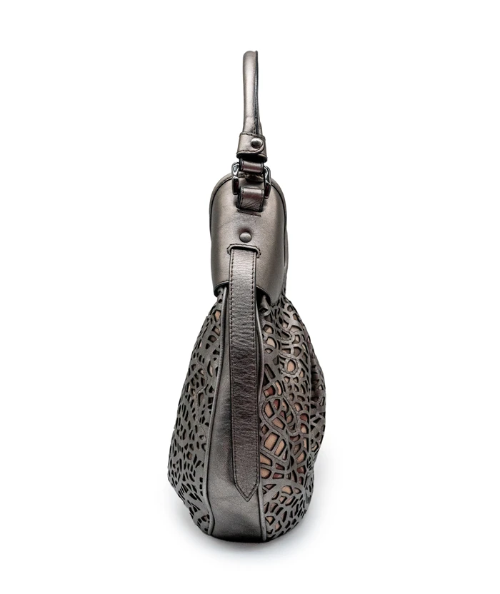 Burberry Metallic Nickel Lasercut Leather and Super Nova Check Coated Canvas Brooklyn Hobo