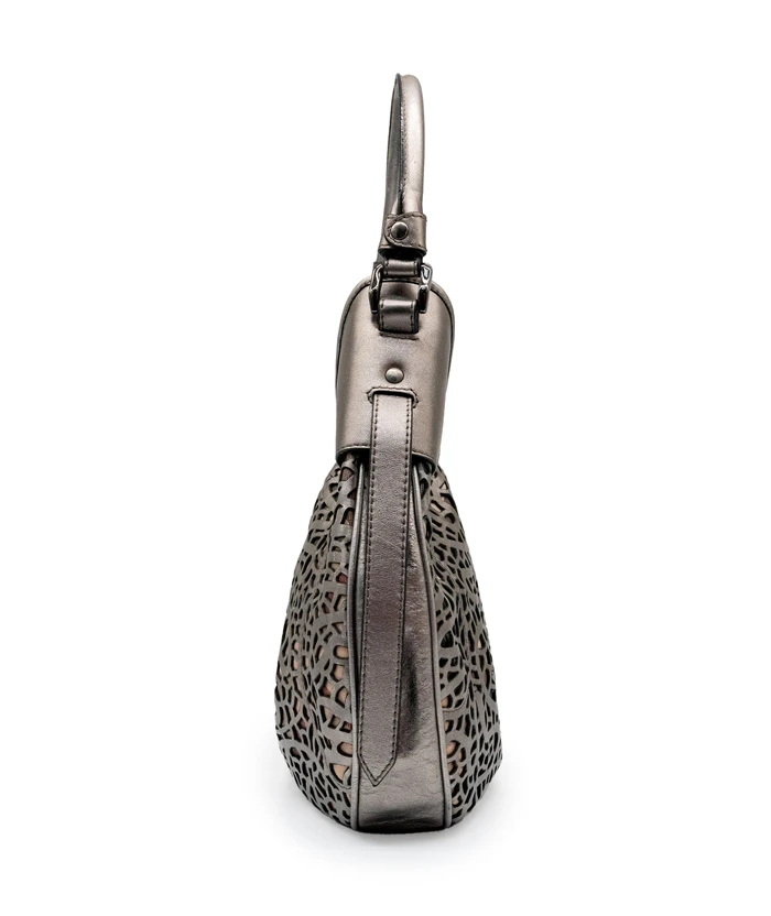 Burberry Metallic Nickel Lasercut Leather and Super Nova Check Coated Canvas Brooklyn Hobo