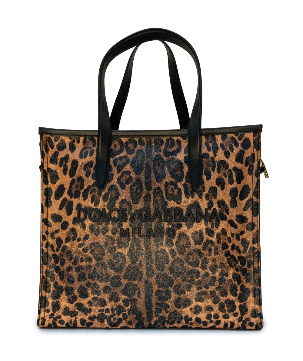Dolce & Gabbana Leopard Print Coated Canvas and Leather Medium Market Shopping Tote
