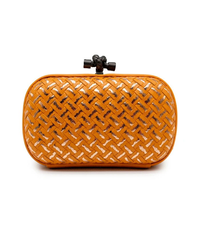 Bottega Veneta Orange / Silver Intreccio Impero Leather Knot Clutch Bag