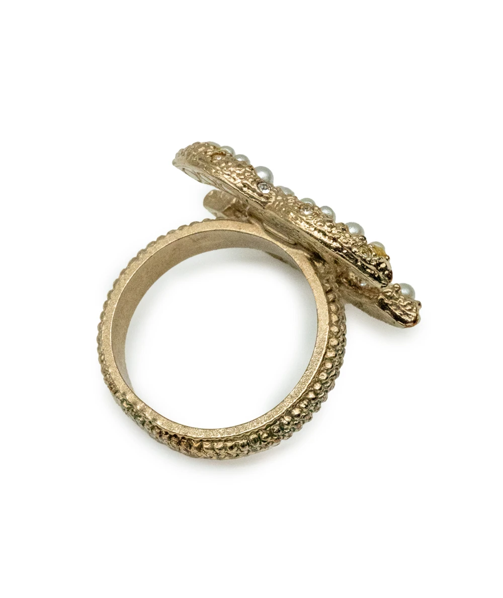 Chanel CC Pale Gold Plated Crystal and Faux Pearl Embedded Ring