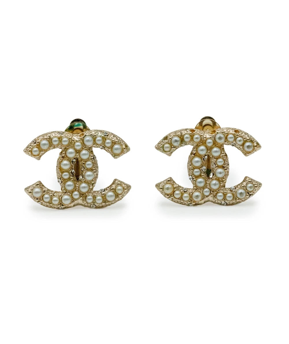 Chanel Faux Pearl and Pale Gold Plated CC Clip On Earrings