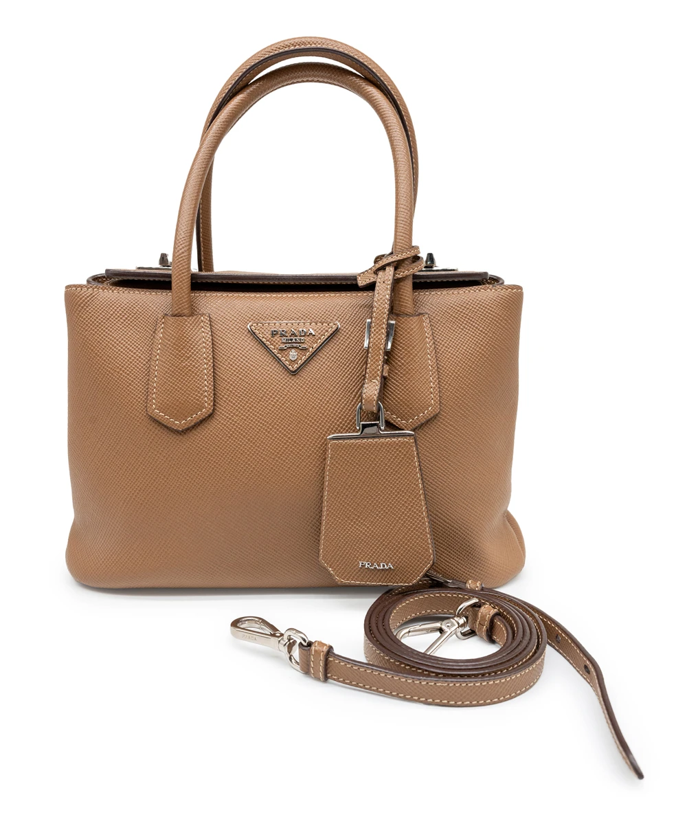 Prada Twin Lock Saffiano Caramel Colour Mini Tote in Cuir Leather