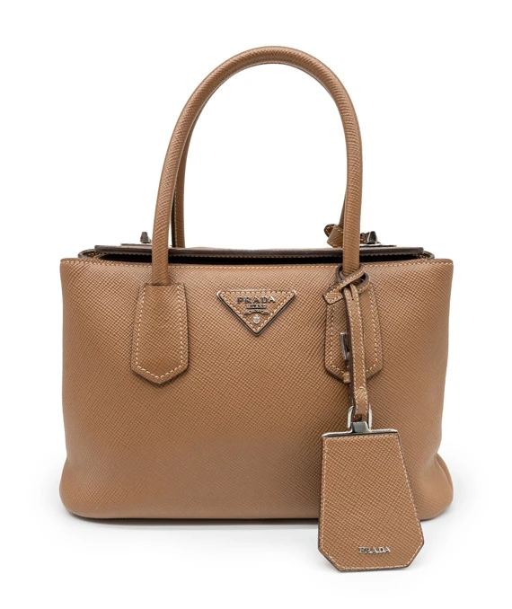 Prada Twin Lock Saffiano Caramel Colour Mini Tote in Cuir Leather