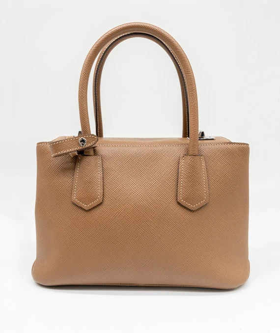 Prada Twin Lock Saffiano Caramel Colour Mini Tote in Cuir Leather