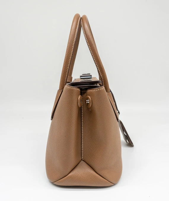 Prada Twin Lock Saffiano Caramel Colour Mini Tote in Cuir Leather