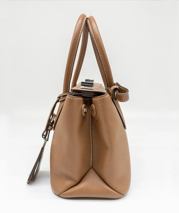 Prada Twin Lock Saffiano Caramel Colour Mini Tote in Cuir Leather