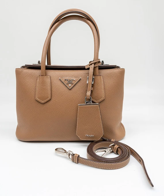 Prada Twin Lock Saffiano Caramel Colour Mini Tote in Cuir Leather