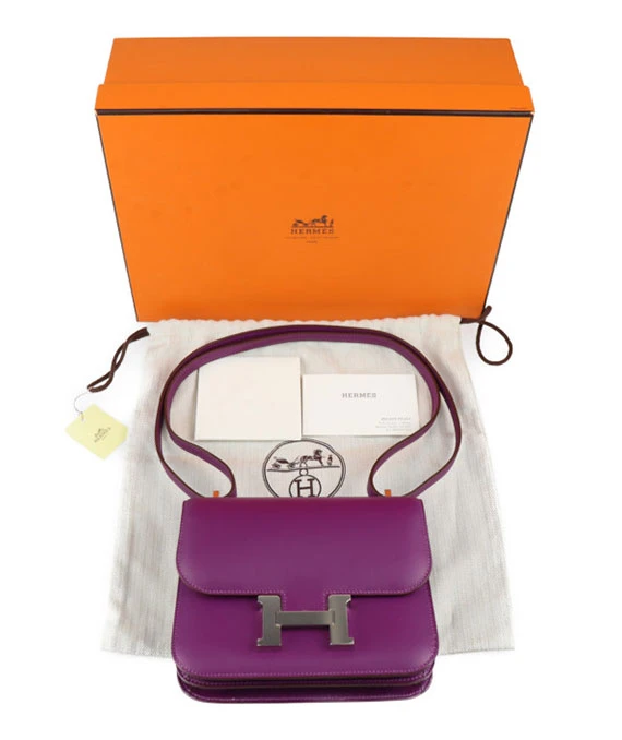 HERMES 2015 Constance 3 mini Swift Leather Shoulder Bag in Anemone Color and Palladium Hardware