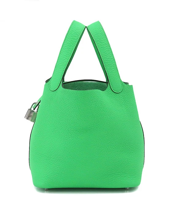 Hermes 2022 Picotan Lock PM Clemence Leather Hand Bag in Veil Comic Green with Palladium Hardware