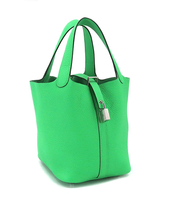 Hermes 2022 Picotan Lock PM Clemence Leather Hand Bag in Veil Comic Green with Palladium Hardware