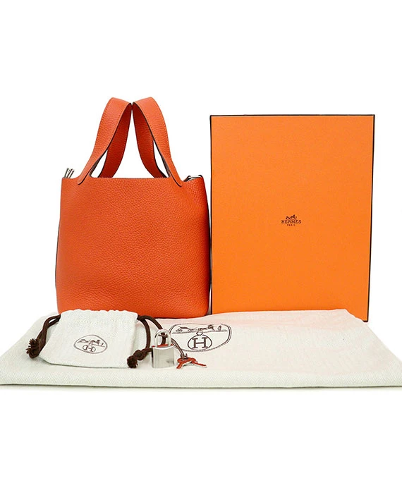 HERMES 2022 Picotan Lock 18 PM Clemence Leather Hand Bag in Feu Orange with Palladium Hardware