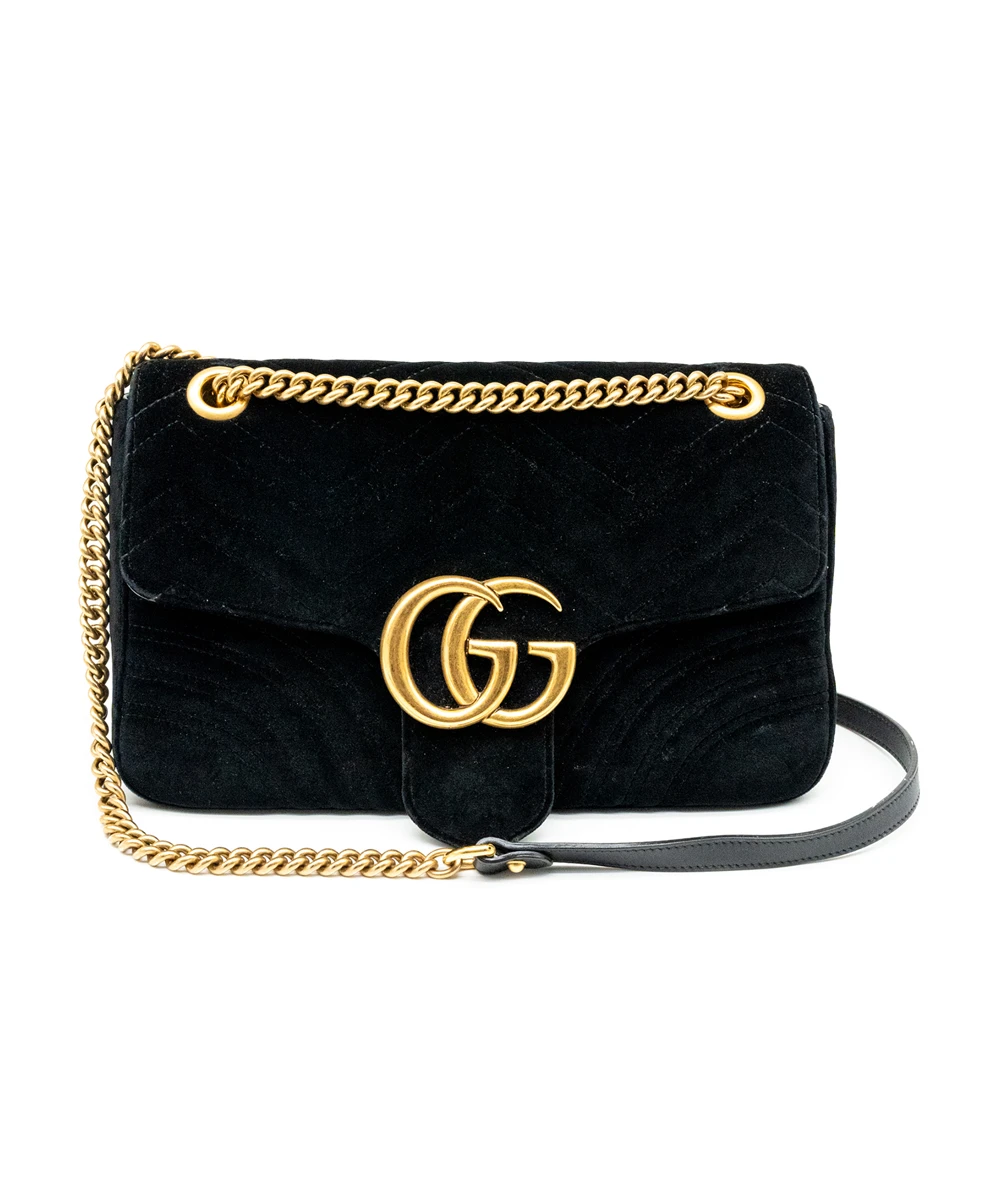 Gucci Black Velvet GG Marmont Matelassé Medium Shoulder Bag
