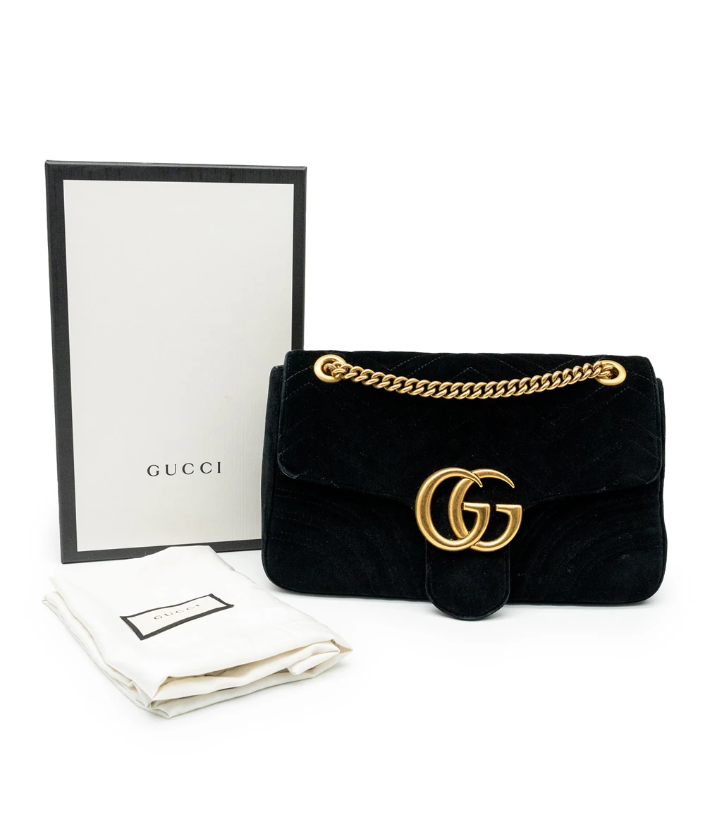 Gucci Black Velvet GG Marmont Matelassé Medium Shoulder Bag